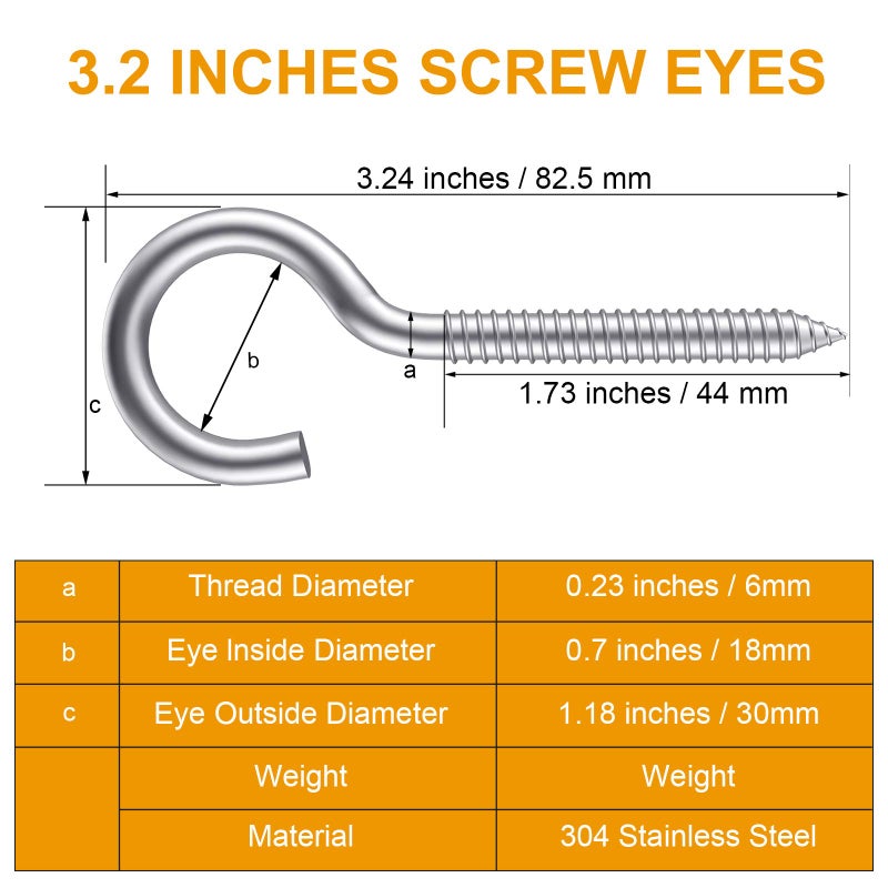 Zusful 3.2 Inches 304 Stainless Steel Screw Eyes 6 Pack Heavy Duty Screw In Hooks For Hammock Stand  Indoor Ceiling&Outdoor - Image 2
