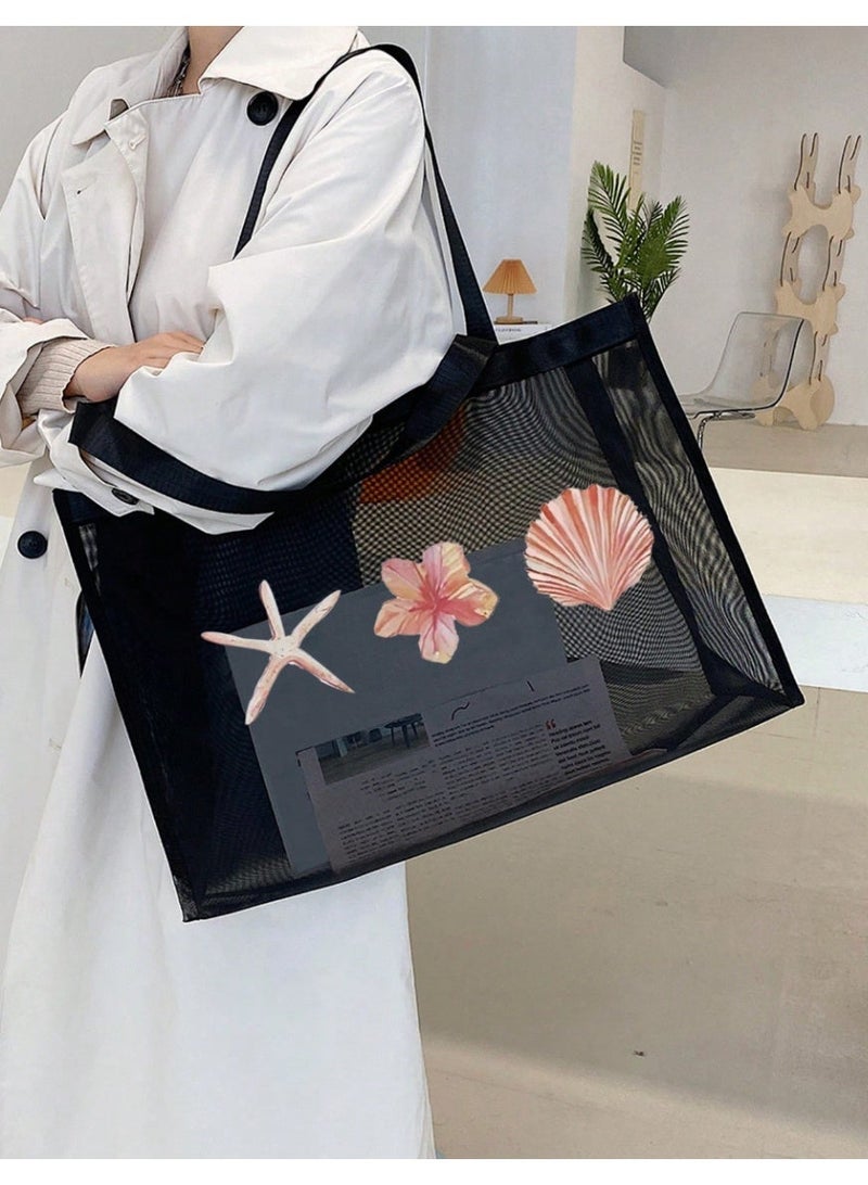 Shein 1pc Large Capacity Mesh Tote Bag With Letter Decor, Multifunctional Polyester Mesh Handbag - Image 3