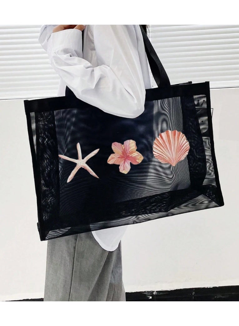Shein 1pc Large Capacity Mesh Tote Bag With Letter Decor, Multifunctional Polyester Mesh Handbag - Image 4