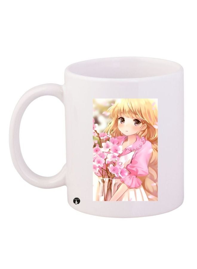 RYN Anime Girl Printed Coffee Mug White/Pink/Yellow 11ounce
