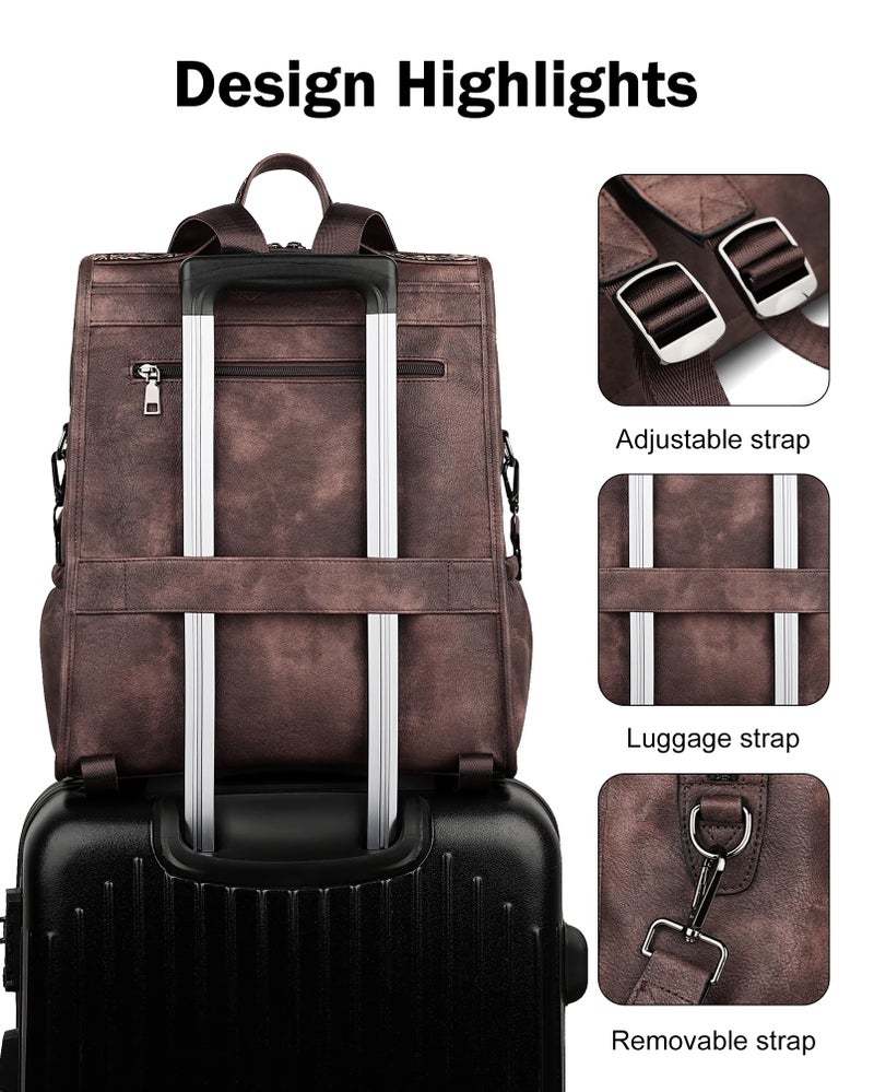 FADEON Leather Laptop Backpack for Women, Designer Ladies Work Travel Computer Backpack with Laptop Compartment Coffee Brown - Image 4