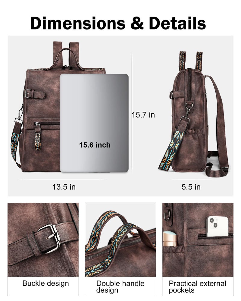 FADEON Leather Laptop Backpack for Women, Designer Ladies Work Travel Computer Backpack with Laptop Compartment Coffee Brown - Image 2