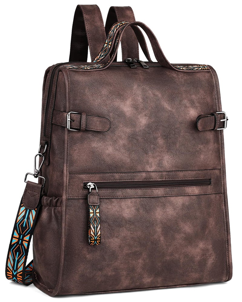 FADEON Leather Laptop Backpack for Women, Designer Ladies Work Travel Computer Backpack with Laptop Compartment Coffee Brown - Image 1