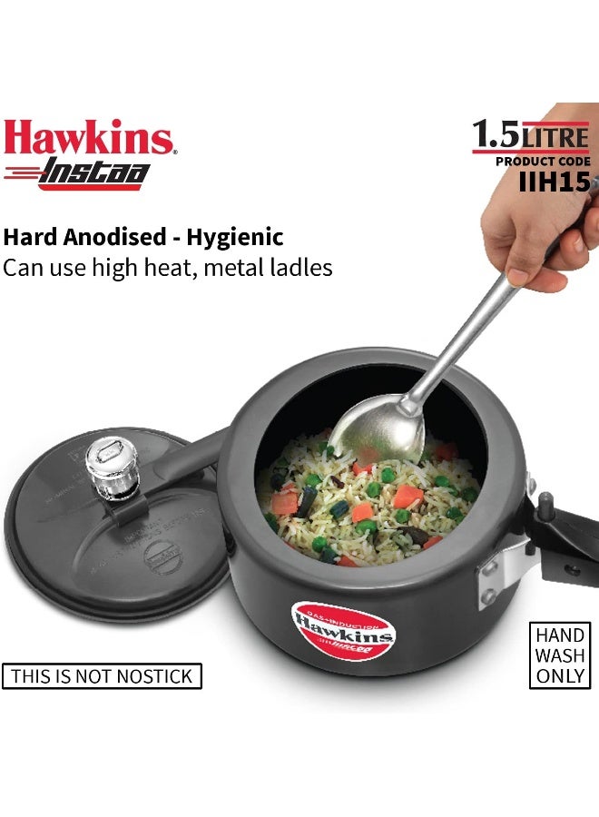 Hawkins 1.5Liters Instaa Hard Anodised Aluminium Inner Lid Pressure Cooker, 4.06mm Thick Base, Induction Compatible (IIH15), Black Black - Image 3