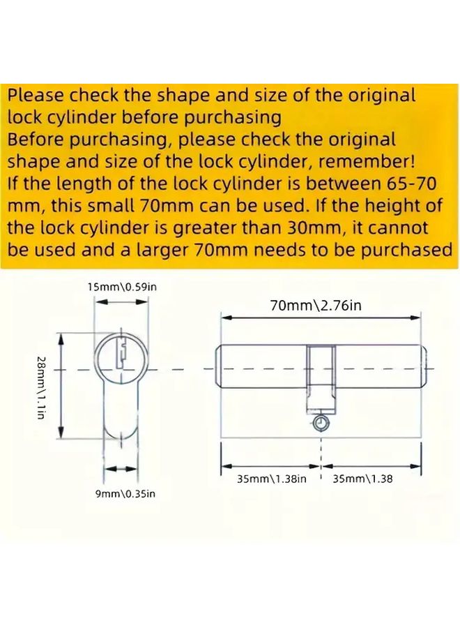2 Pcs 70mm Black Anti Theft Lock Cylinder European Standard Full Copper 3 Keys - Image 4
