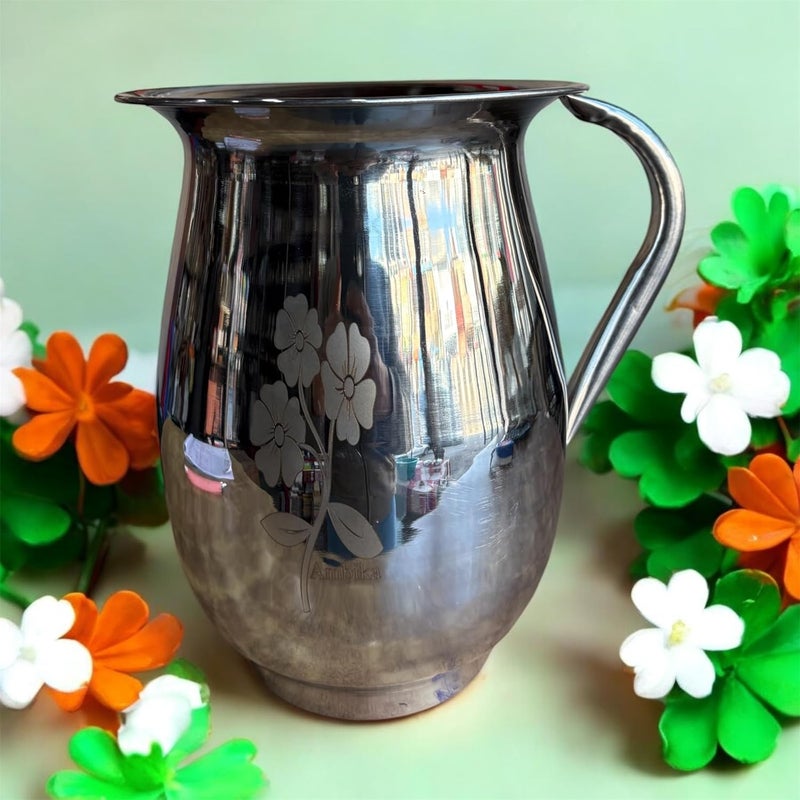 GBW Stainless Steel Water jug 4 Litre with Laser Itching Floral Print Steel ka bada jug 4 Litre 4000ml - Image 1