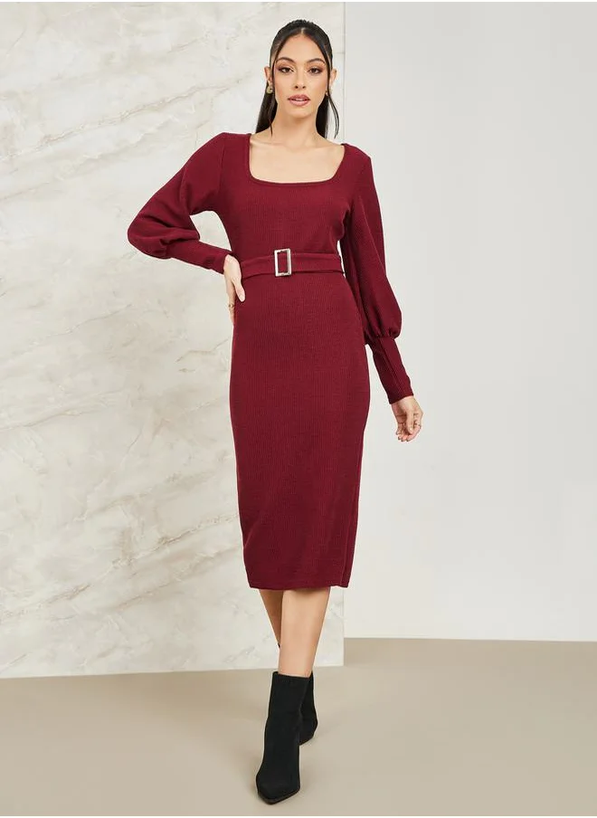 Colorful Square Neck Belted Knit Midi Dress by Styli