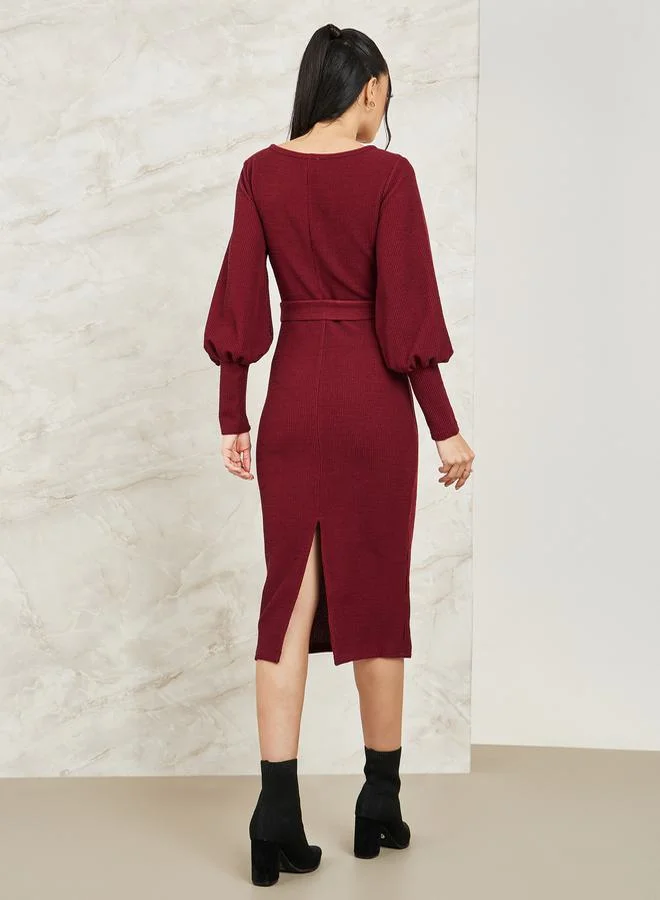 Colorful Colorful Square Neck Belted Knit Midi Dress