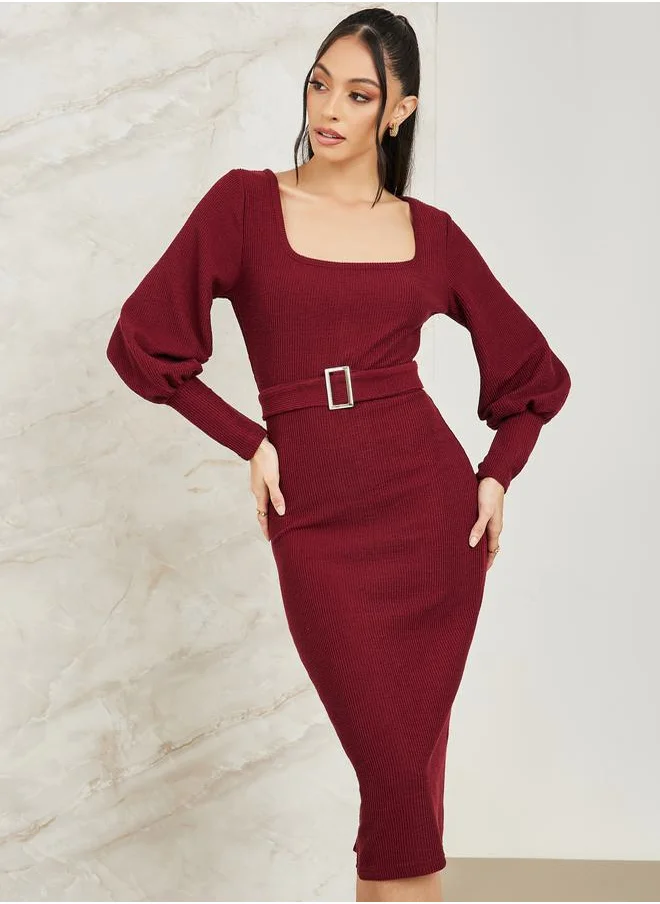 Colorful Square Neck Belted Knit Midi Dress by Styli