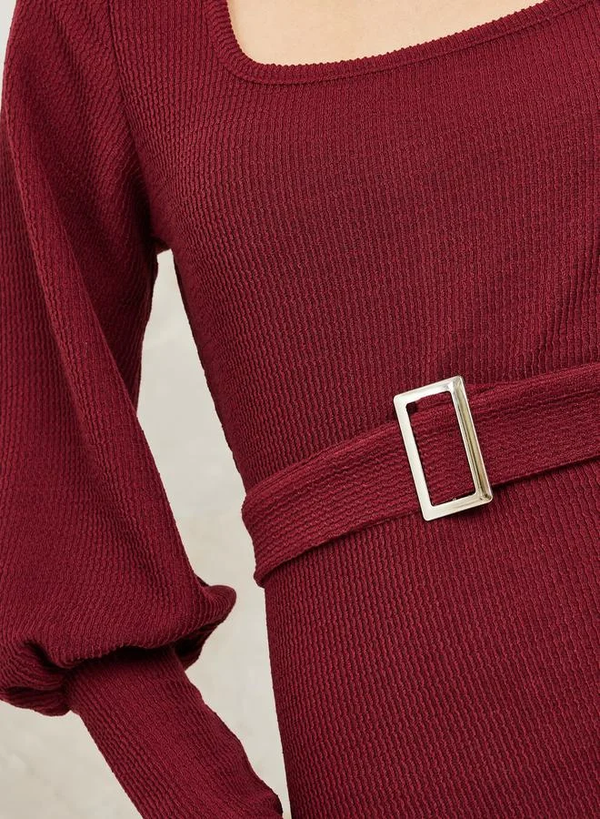 Colorful Colorful Square Neck Belted Knit Midi Dress