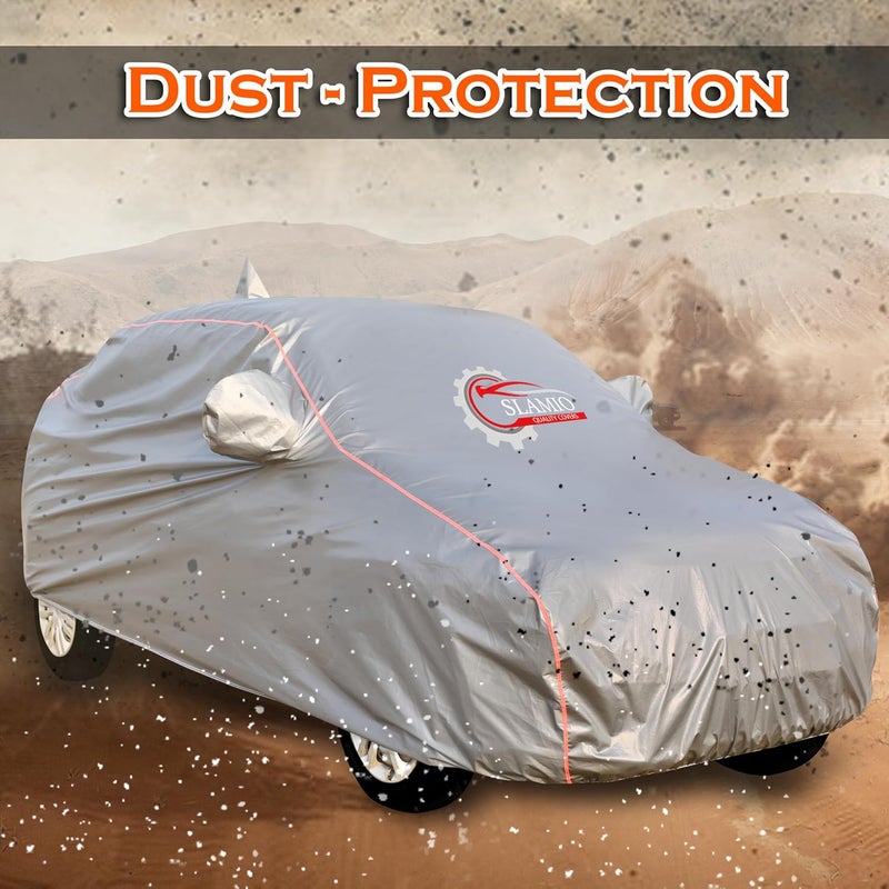 Slamio Heavy-Duty Car Body Cover for Maruti Suzuki Alto 800 | Waterproof, Dustproof, UV Protection, Custom Fit, Heavy Belt & Buckle with Mirror & Antenna Pocket | Dark Grey - Image 5