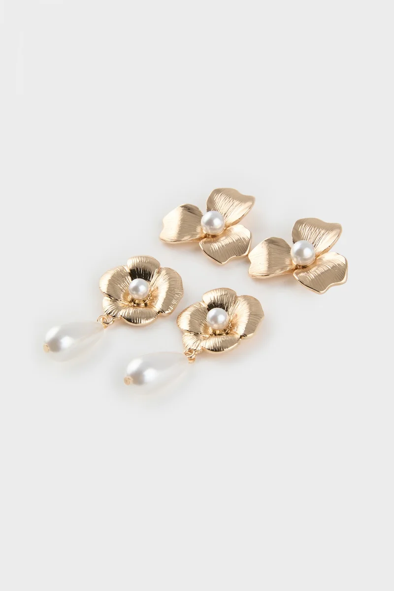 Defacto Woman 2 Piece Floral Pearl Earrings