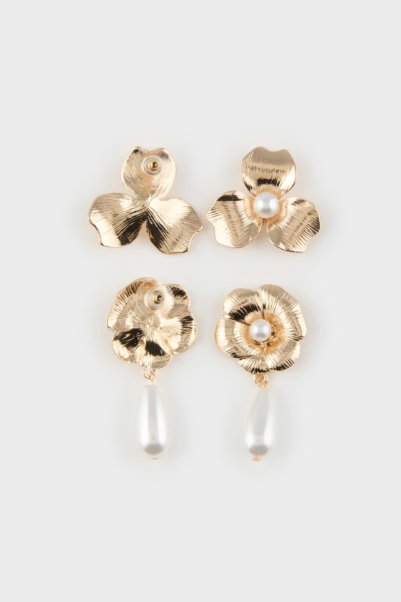Defacto  Woman 2 Piece Floral Pearl Earrings for Women | Best Price UAE