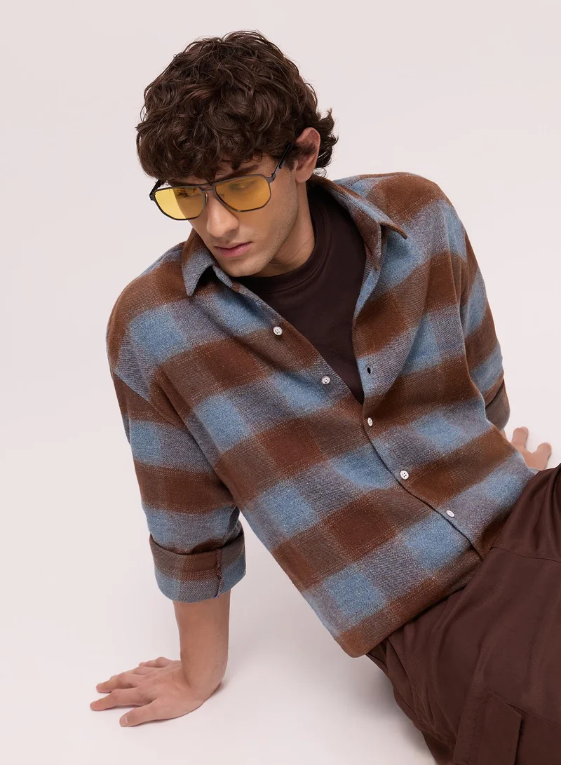 CAHOOT Men's Brown-Blue Checkered Regular Shirt For Casual Wear | Collared Neck | Long Sleeve | Button Closure | Cotton Shirt Crafted With Comfort Fit For Everyday Wear
