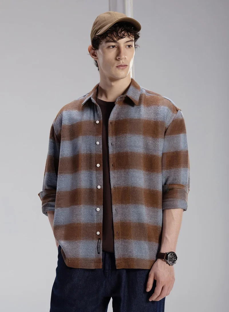 CAHOOT Men's Brown-Blue Checkered Regular Shirt For Casual Wear | Collared Neck | Long Sleeve | Button Closure | Cotton Shirt Crafted With Comfort Fit For Everyday Wear