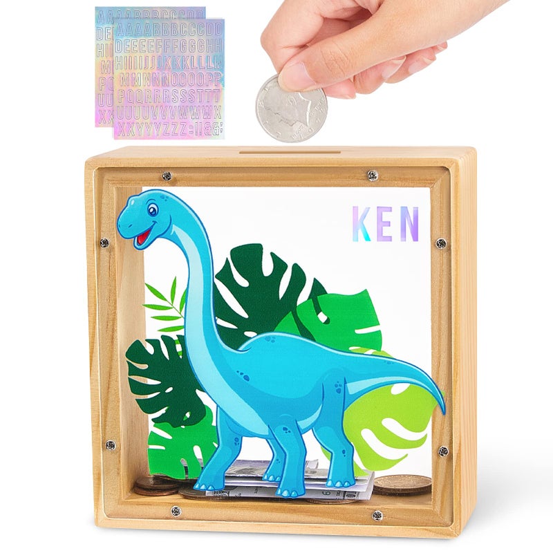 Piggy Bank for Kids Wooden Money Coin Bank for Boys and Girls Dinosaur Unicorn Piggy Banks with DIY Stickers for Birthday Easter Gifts Blue