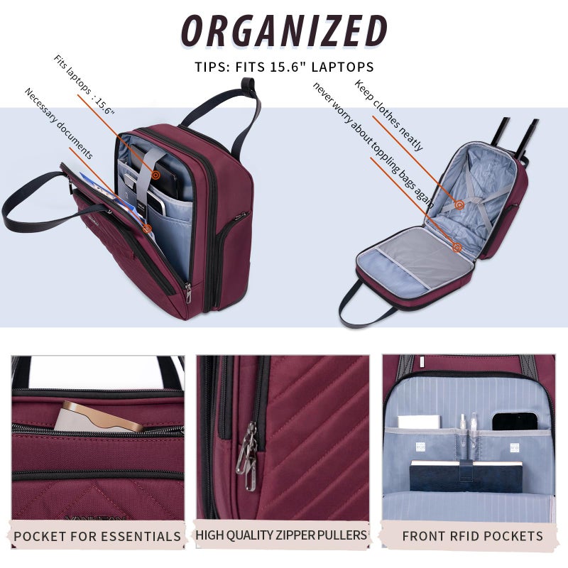 VANKEAN Carry On Underseat 16-inch Multi-functional Underseater Lightweight Overnight Suitcase with Wheels, Roller Case for Men Women Travel Business, Burgundy - Image 4