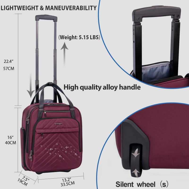 VANKEAN Carry On Underseat 16-inch Multi-functional Underseater Lightweight Overnight Suitcase with Wheels, Roller Case for Men Women Travel Business, Burgundy - Image 3