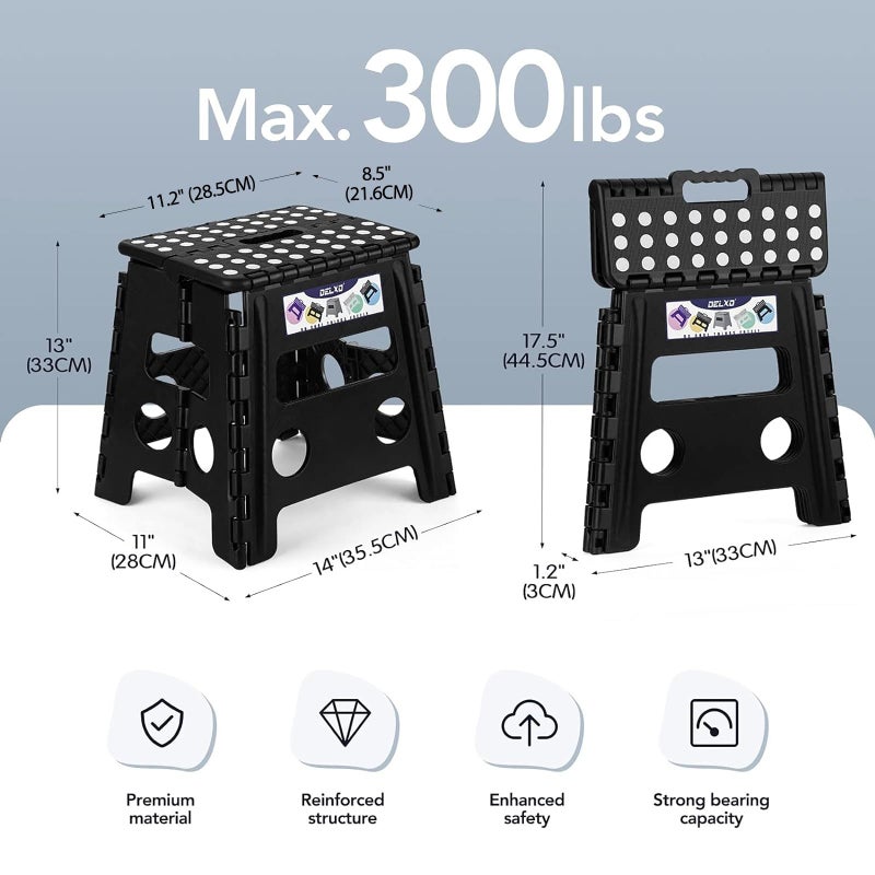 Delxo Folding Step Stool, 13 inch Non-Slip Foldable Stools Up to 300 LBS, Step Stool with Handle, Lightweight for Kitchen, Bathroom, Bedroom, Garden, Black, 1PC - Image 2