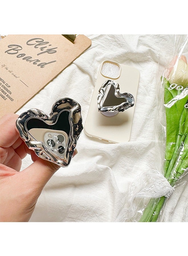 حامل خاتم للجوال ، حامل حامل مقبض الهاتف المعدني على شكل قلب فضي مرآة لملحق الهاتف الخليوي اللوحي للهاتف الذكي - Image 3