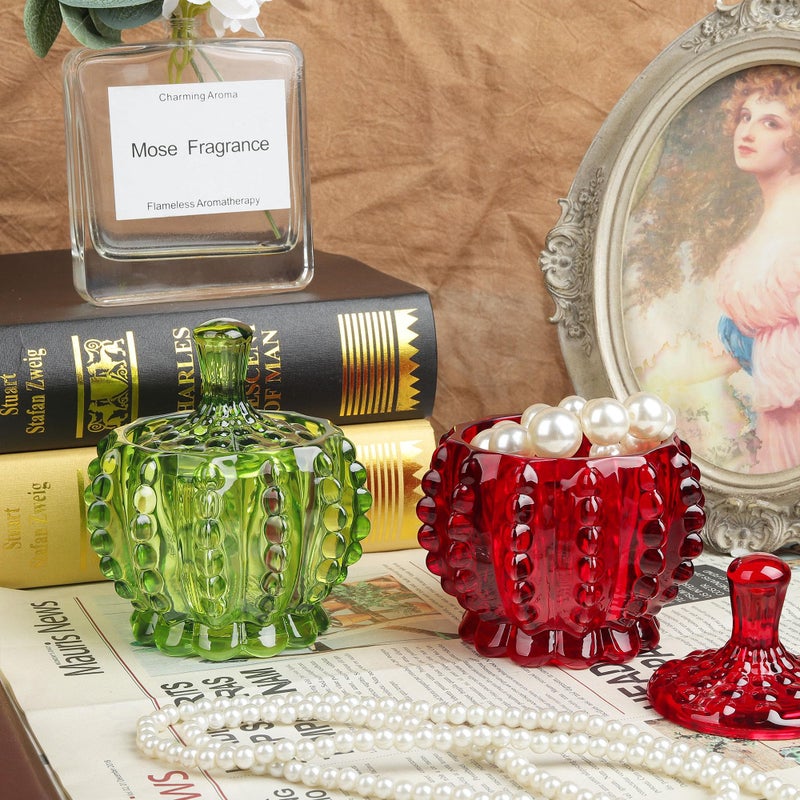 Joeyan 6 oz Red Embossed Glass Jars with Lid,Crystal Glass Candy Dishes,Beaded Food Containers Jewelry Box,Decorative Apothecary Canisters for Wedding Party Buffet - Image 3