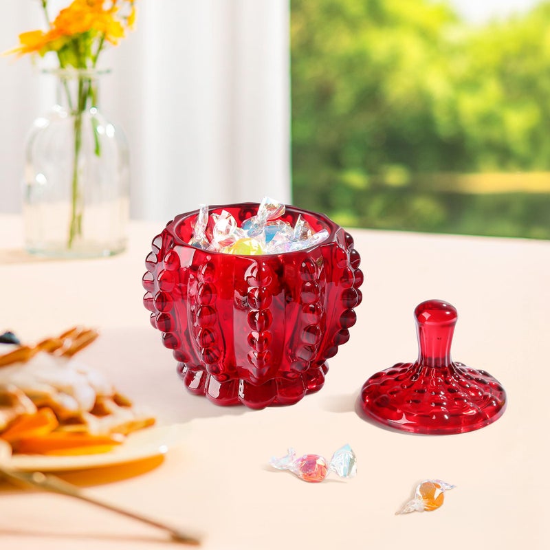 Joeyan 6 oz Red Embossed Glass Jars with Lid,Crystal Glass Candy Dishes,Beaded Food Containers Jewelry Box,Decorative Apothecary Canisters for Wedding Party Buffet - Image 4