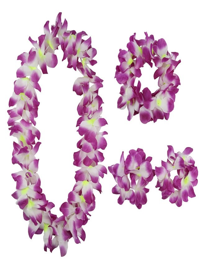 Aacehlh 4 Pcs Hawaiian Leis,Hawaiian Flower Leis Necklace Bracelets Headband Set for for Hawaiian Luaus Party,Birthday Party,Graduation Party, Dance Party (Purple) - Image 1