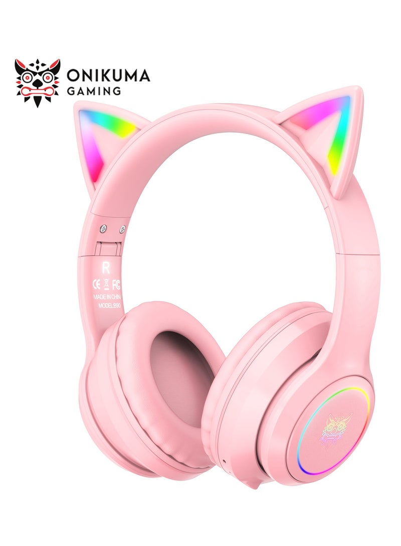 onikuma Bluetooth Wireless Gaming Headset with Mic, Bluetooth Cat Ear Headphones for Kids or Adults, RGB LED Light, for Gaming, Compatible with Mobile Phones PC Tablet - Pink - Image 1