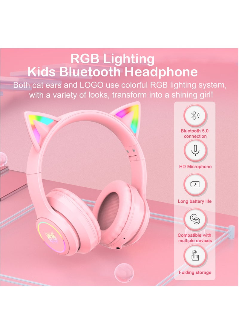 onikuma Bluetooth Wireless Gaming Headset with Mic, Bluetooth Cat Ear Headphones for Kids or Adults, RGB LED Light, for Gaming, Compatible with Mobile Phones PC Tablet - Pink - Image 2