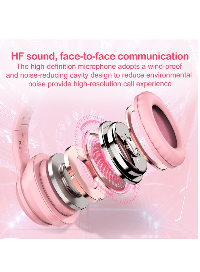 onikuma Bluetooth Wireless Gaming Headset with Mic, Bluetooth Cat Ear Headphones for Kids or Adults, RGB LED Light, for Gaming, Compatible with Mobile Phones PC Tablet - Pink - Image 4