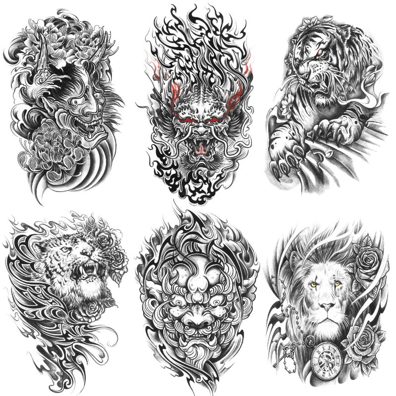 Oottati 6 Sheets Arm Waterproof Body Art Temporary Tattoos Black Prajna Tiger Dragon Lion Lotus Clock