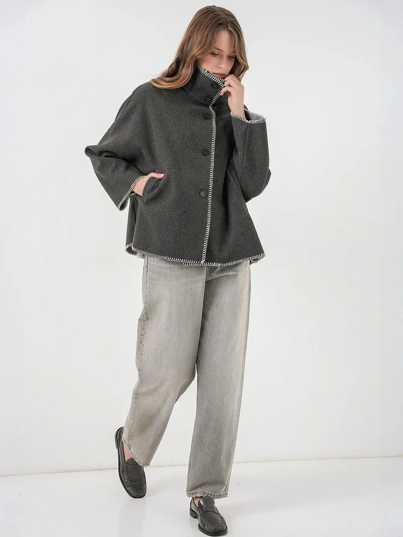 BIG DART BDART Textured Topstitch Detailed Jacket with Half Turtleneck