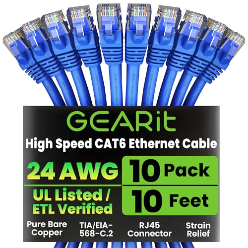 GearIT Cat 6 Ethernet Cable Pack - 10-Pack 10 ft Cat6 Ethernet Patch Cables | RJ45 Network Patch Cable, 10 Gbps Snagless Gold-Plated Connectors - Ethernet Cable Cat 6 for PC, TV, Router - Blue - Image 1