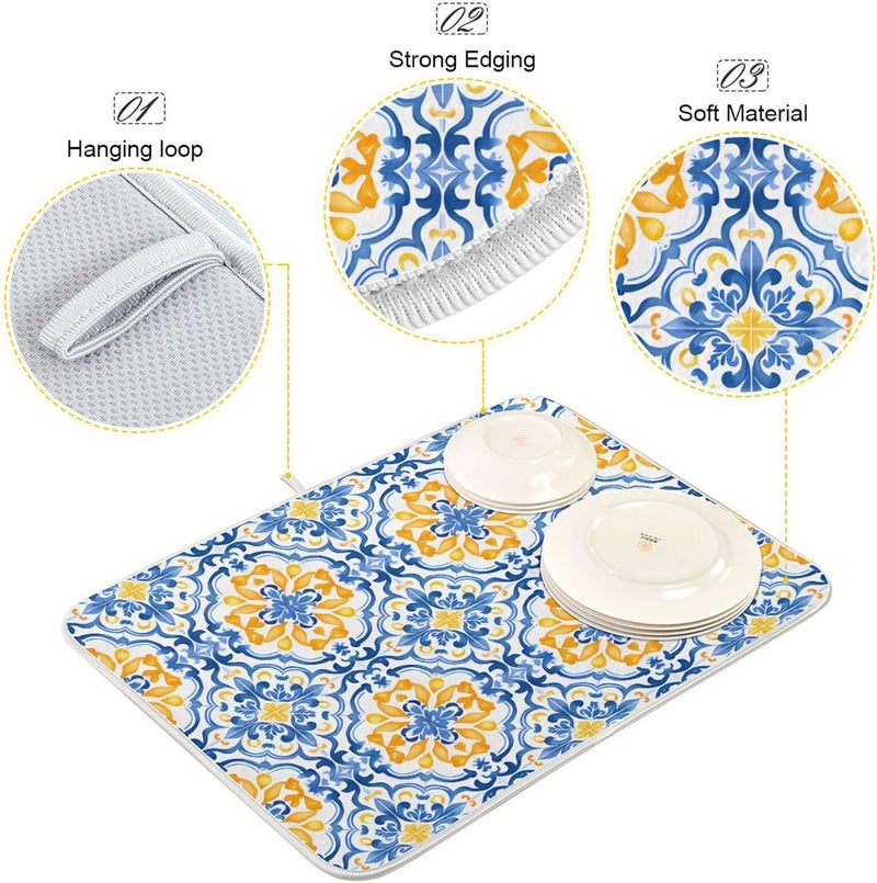 senya Boho Dish Mat for Kitchen Counter, Blue Yellow Moroccan Print Drying Pad Absorbent Dishes Drainer Mats Trivet 18 x 24 Inch - Image 4