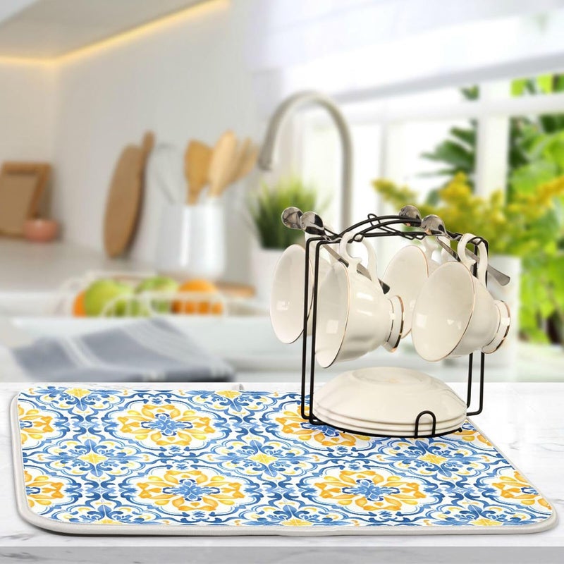senya Boho Dish Mat for Kitchen Counter, Blue Yellow Moroccan Print Drying Pad Absorbent Dishes Drainer Mats Trivet 18 x 24 Inch - Image 5