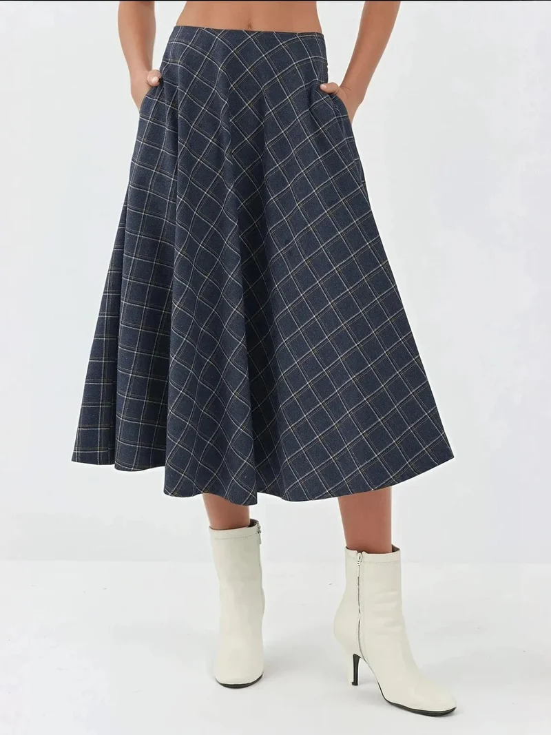 Plaid Maxi Skirt with A-Form Fit