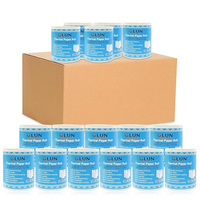 GLUN® أوراق حرارية 58 مم (2 بوصة) × 25 متر، ورق إيصالات نقاط البيع خالي من البقع لآلات النقد (عبوة من 20) - Image 1