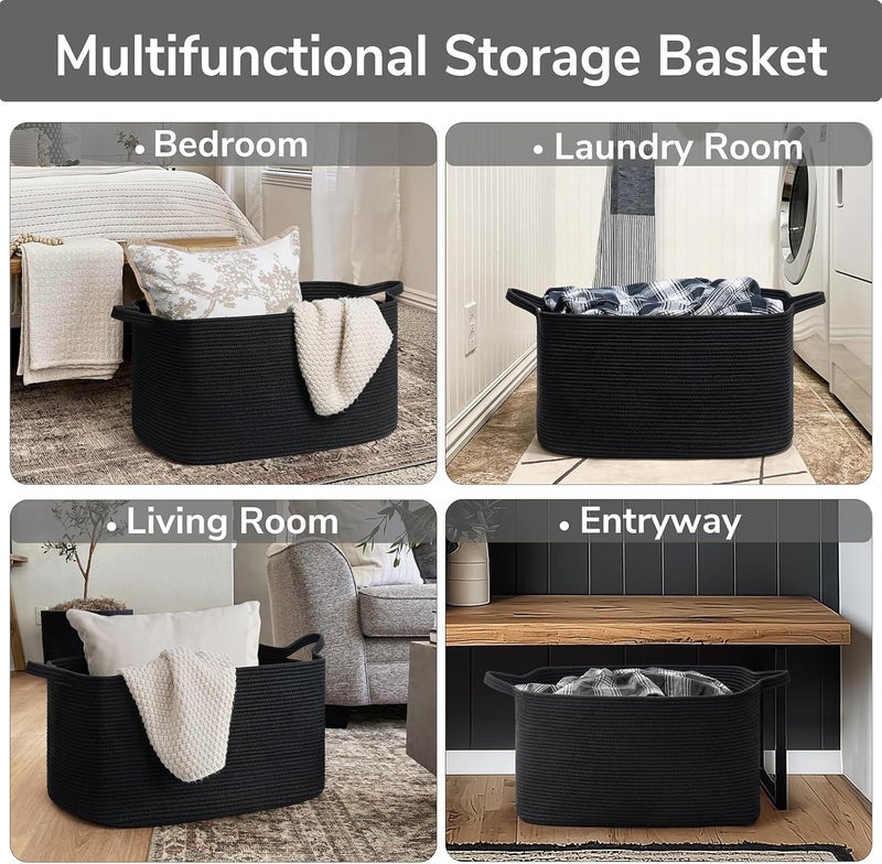 Goodpick سلة بطانيات كبيرة من جودبيك لغرفة المعيشة، 21.6" × 14.9" × 11.8" سلة تخزين منسوجة للبطانيات، الألعاب، سلال الملابس المتسخة المستطيلة للحضانة، غرفة النوم، سوداء - Image 4