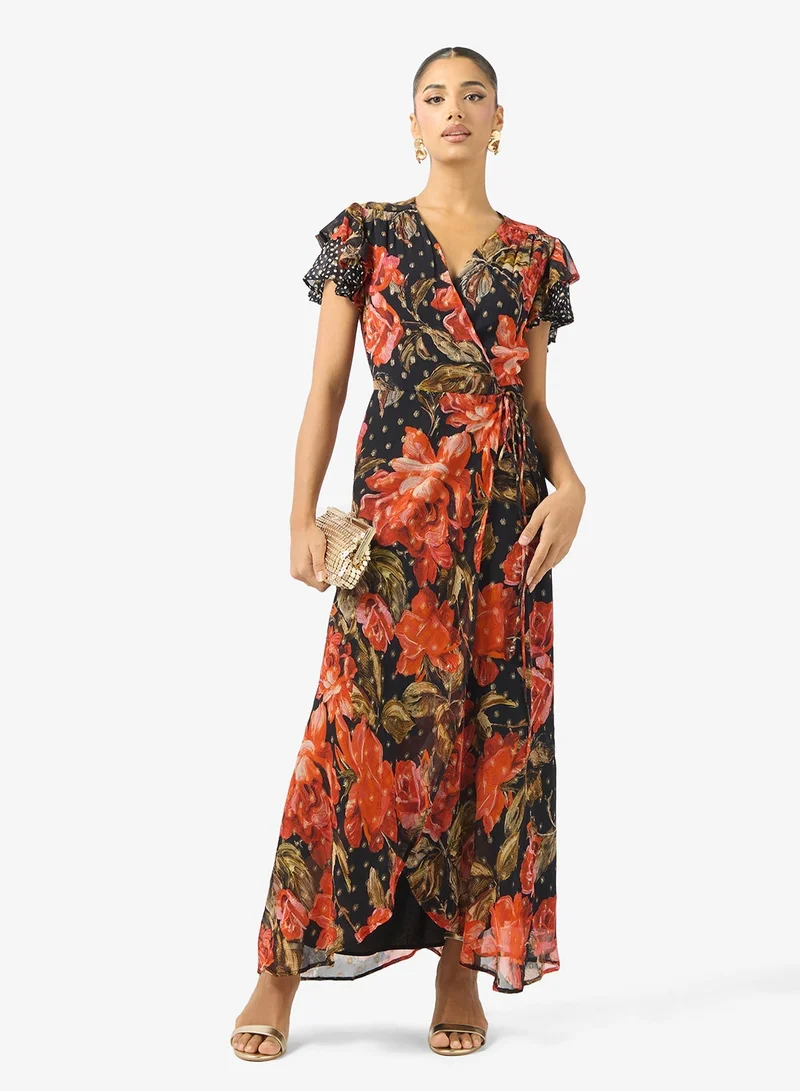 Hope & Ivy Flutter Sleeve Eveng   Tie Waist Maxi Dress