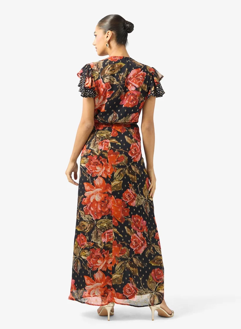 Hope & Ivy Flutter Sleeve Eveng   Tie Waist Maxi Dress