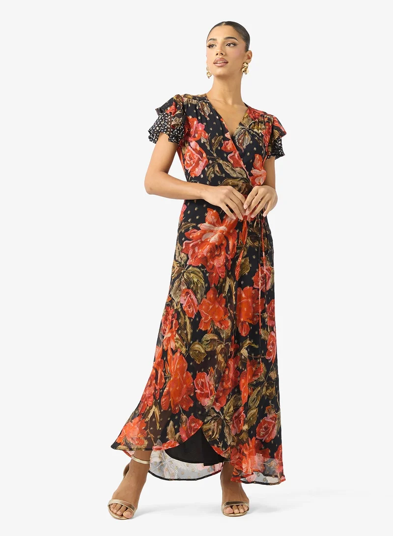 Hope & Ivy Flutter Sleeve Eveng   Tie Waist Maxi Dress