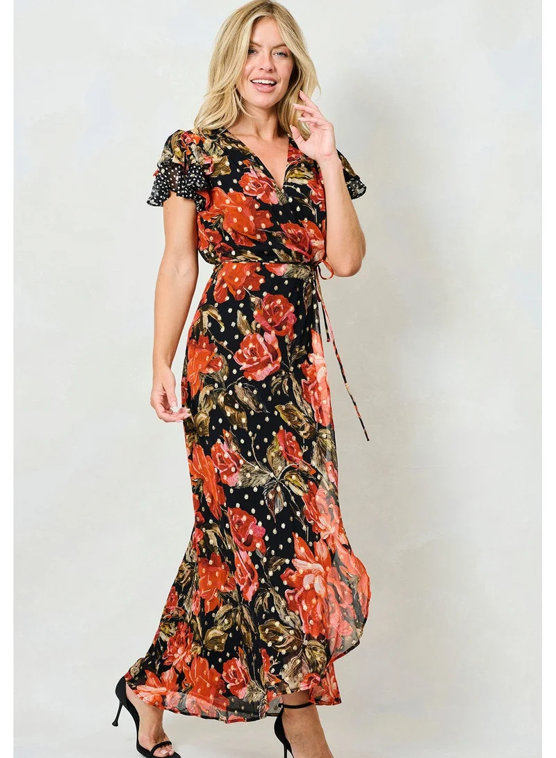 Hope & Ivy Flutter Sleeve Eveng   Tie Waist Maxi Dress