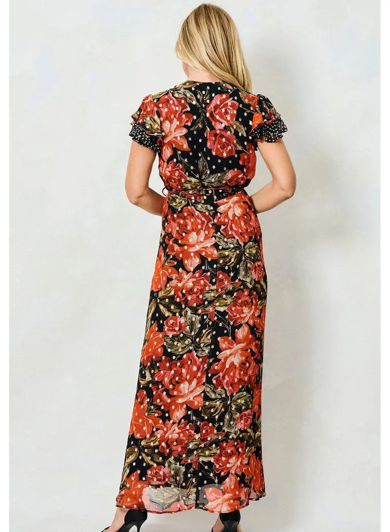 Hope & Ivy Flutter Sleeve Eveng   Tie Waist Maxi Dress