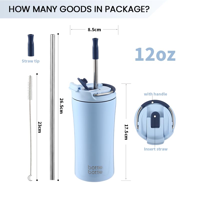 BOTTLE BOTTLE Coffee Tumbler with Dual-use Lid and Straw Double Walled Iced Travel Coffee Mug for Woman and Man 12 oz Stainless Steel Insulated Tumbler with Handle (blue) - Image 4