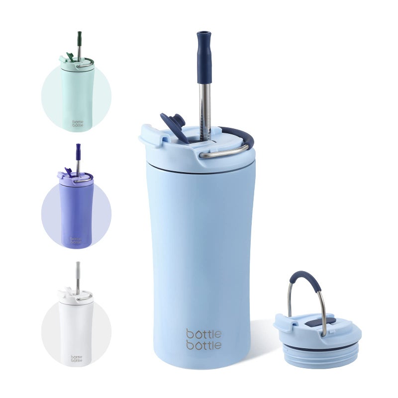 BOTTLE BOTTLE Coffee Tumbler with Dual-use Lid and Straw Double Walled Iced Travel Coffee Mug for Woman and Man 12 oz Stainless Steel Insulated Tumbler with Handle (blue) - Image 1