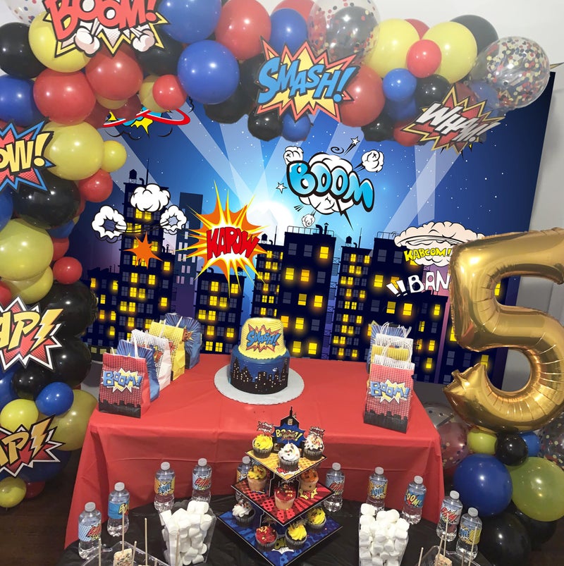 Cenven Cityscape Theme Backdrop Night Scene Comics Style Building City Photography Background Baby Shower Boy Girl Kids Birthday Party Decoration Studio Shoot Prop 7x5FT - Image 3