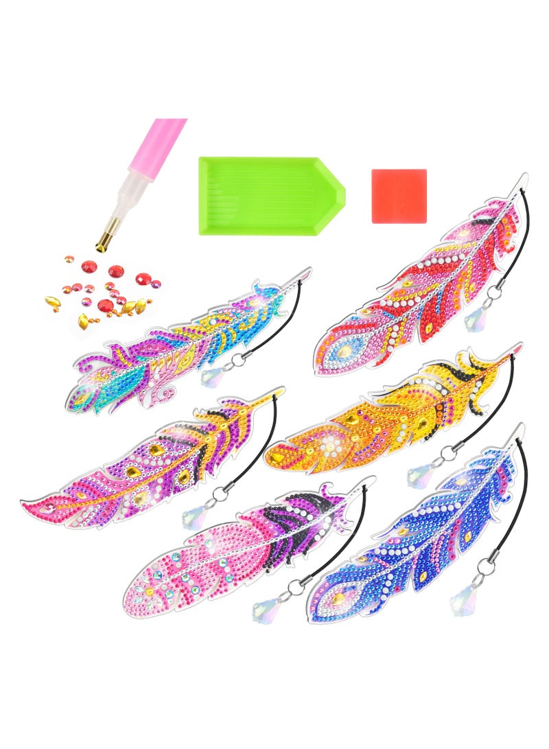 general 6Pcs Diamond Painting Kits for Kids Feather Bookmark Diamond Art Kits DIY Crystal Diamond Art for Kids,  Girls and Women Diamond Painting Bookmarks with Crystal Pendant (YQ087) - Image 1