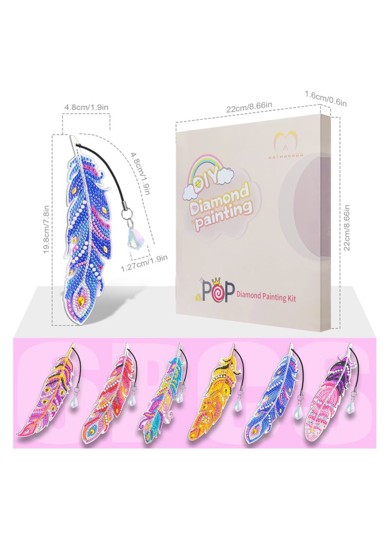 general 6Pcs Diamond Painting Kits for Kids Feather Bookmark Diamond Art Kits DIY Crystal Diamond Art for Kids,  Girls and Women Diamond Painting Bookmarks with Crystal Pendant (YQ087) - Image 2