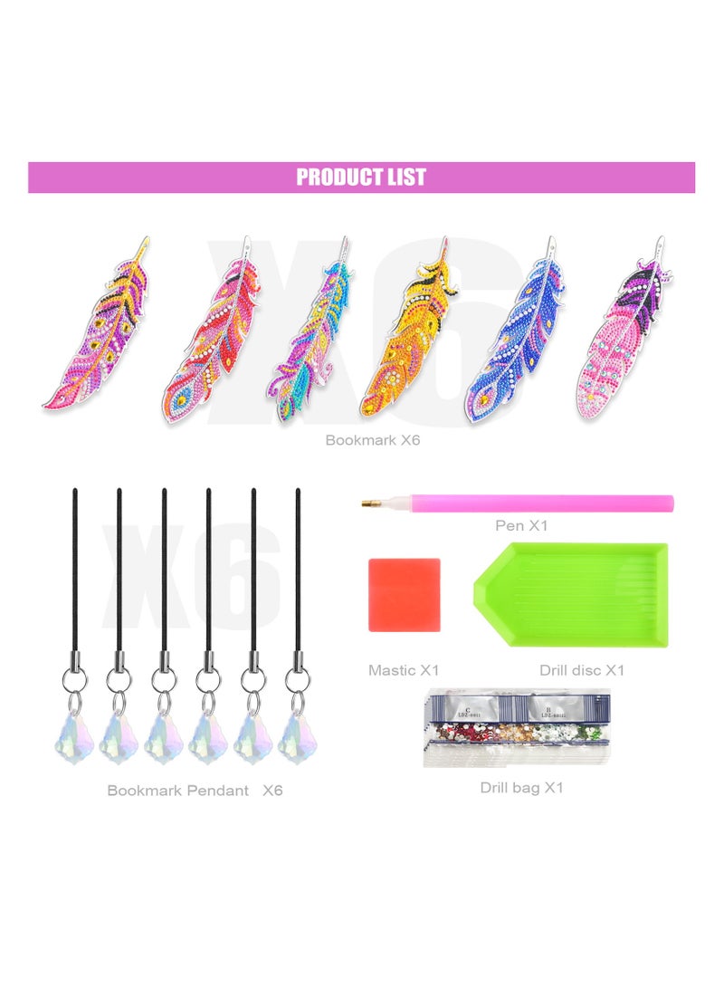 general 6Pcs Diamond Painting Kits for Kids Feather Bookmark Diamond Art Kits DIY Crystal Diamond Art for Kids,  Girls and Women Diamond Painting Bookmarks with Crystal Pendant (YQ087) - Image 5