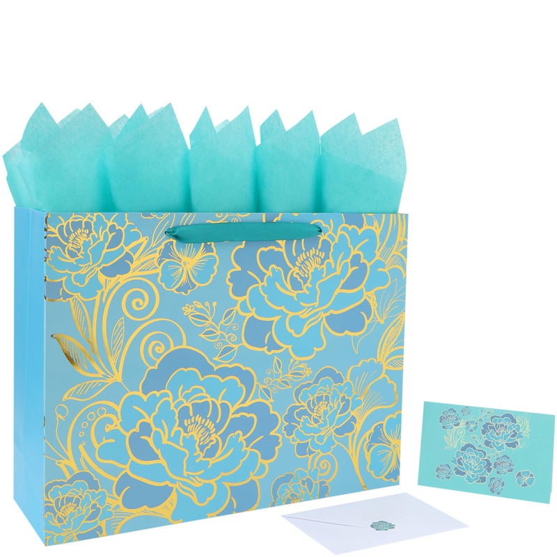wishinside 16.5â€ Extra Large Rose Green Gift Bag Set with Handles, Greeting Card, Tissue Papers and Stickers for Women Girls for Birthday, Motherâ€™s Day, Wedding, Valentine's Day, Foil Traced Flowers Design, 1 Pcs - Image 1